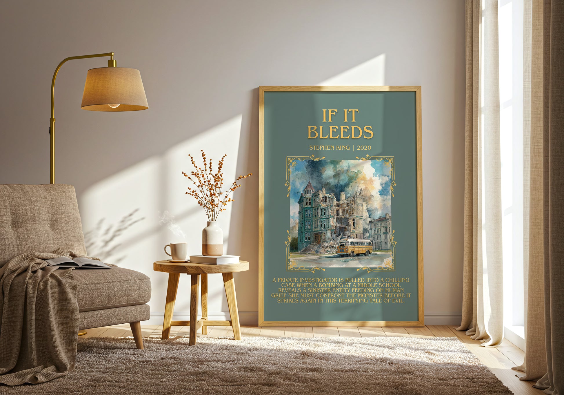 If It Bleeds minimalist print in frame leaning in hallway – horror wall art