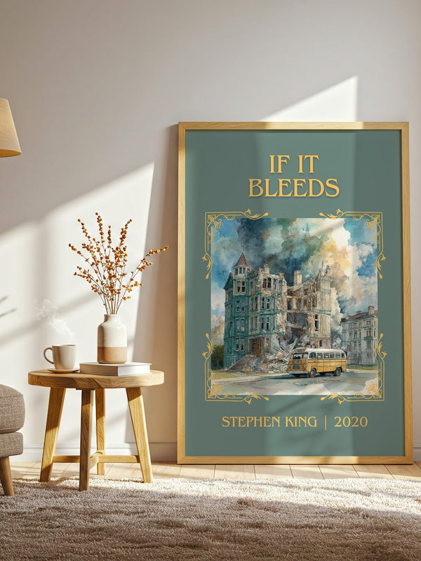 If It Bleeds classic book art print in frame leaning in hallway – horror wall art