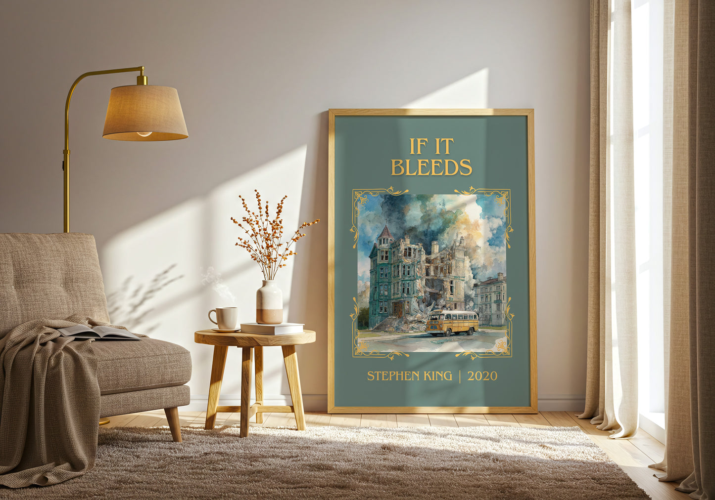 If It Bleeds classic book art print in frame leaning in hallway – horror wall art