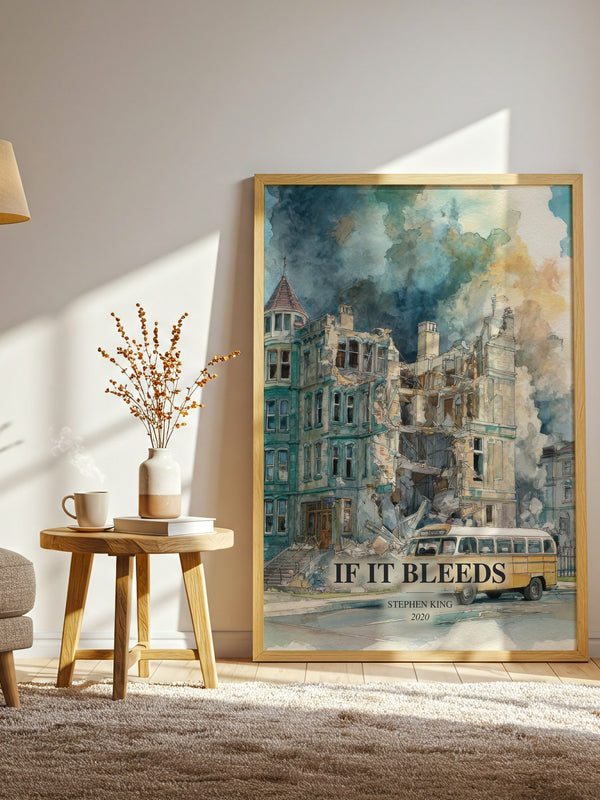 If It Bleeds watercolour print in frame leaning in hallway – horror wall art