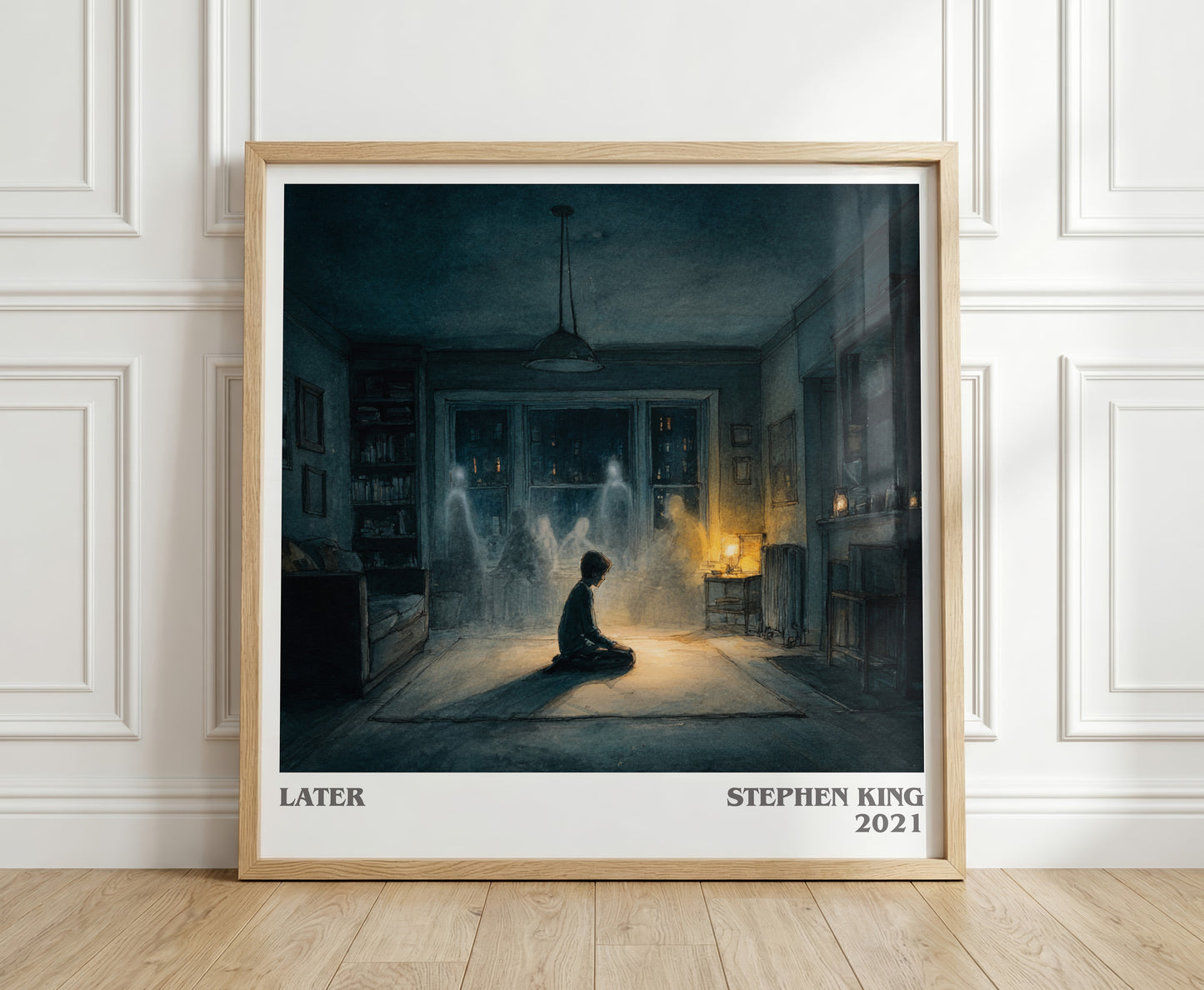 Later literary print in frame leaning in hallway – horror wall art