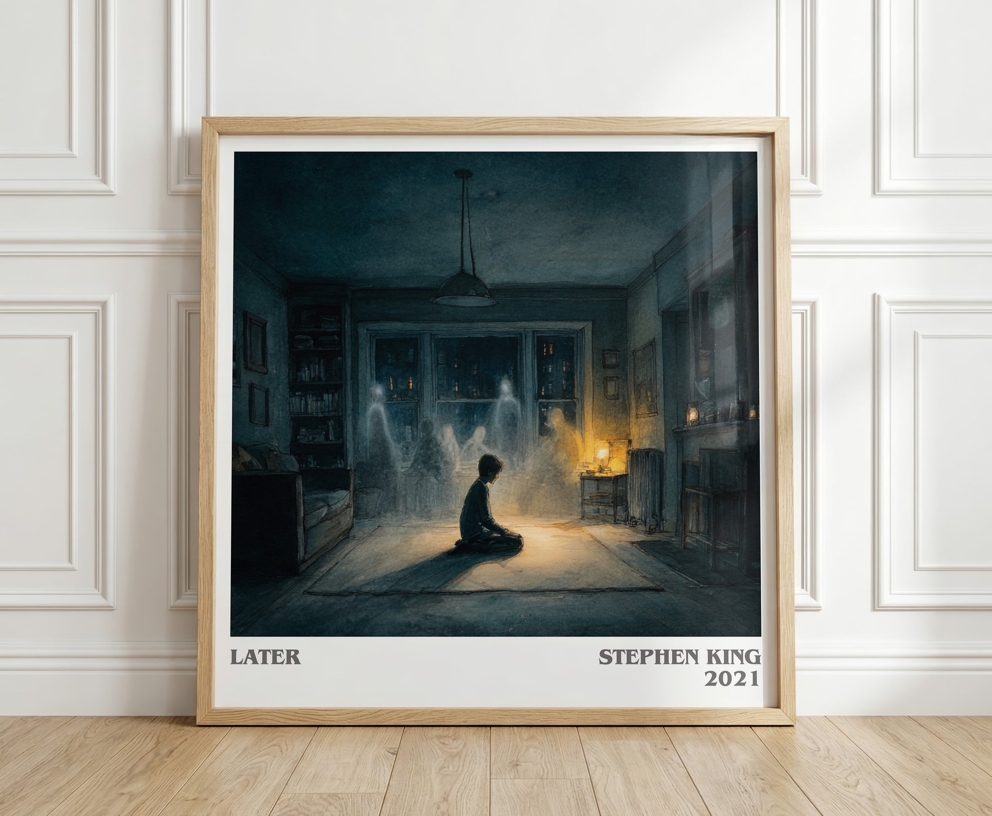 Later literary print in frame leaning in hallway – horror wall art