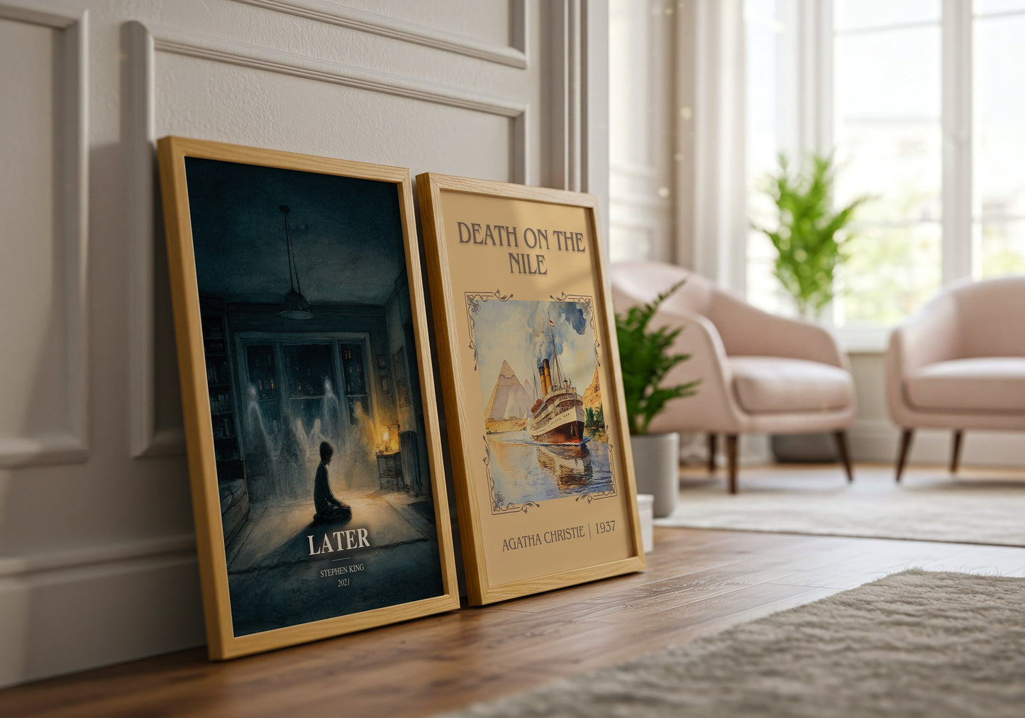 Later watercolour print framed by window – literary home decor