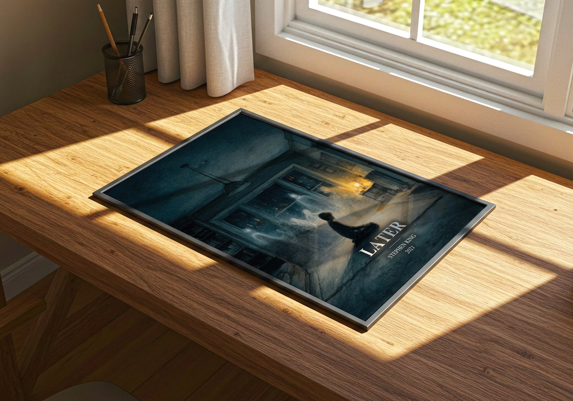 Later watercolour book poster framed on wall – horror wall art