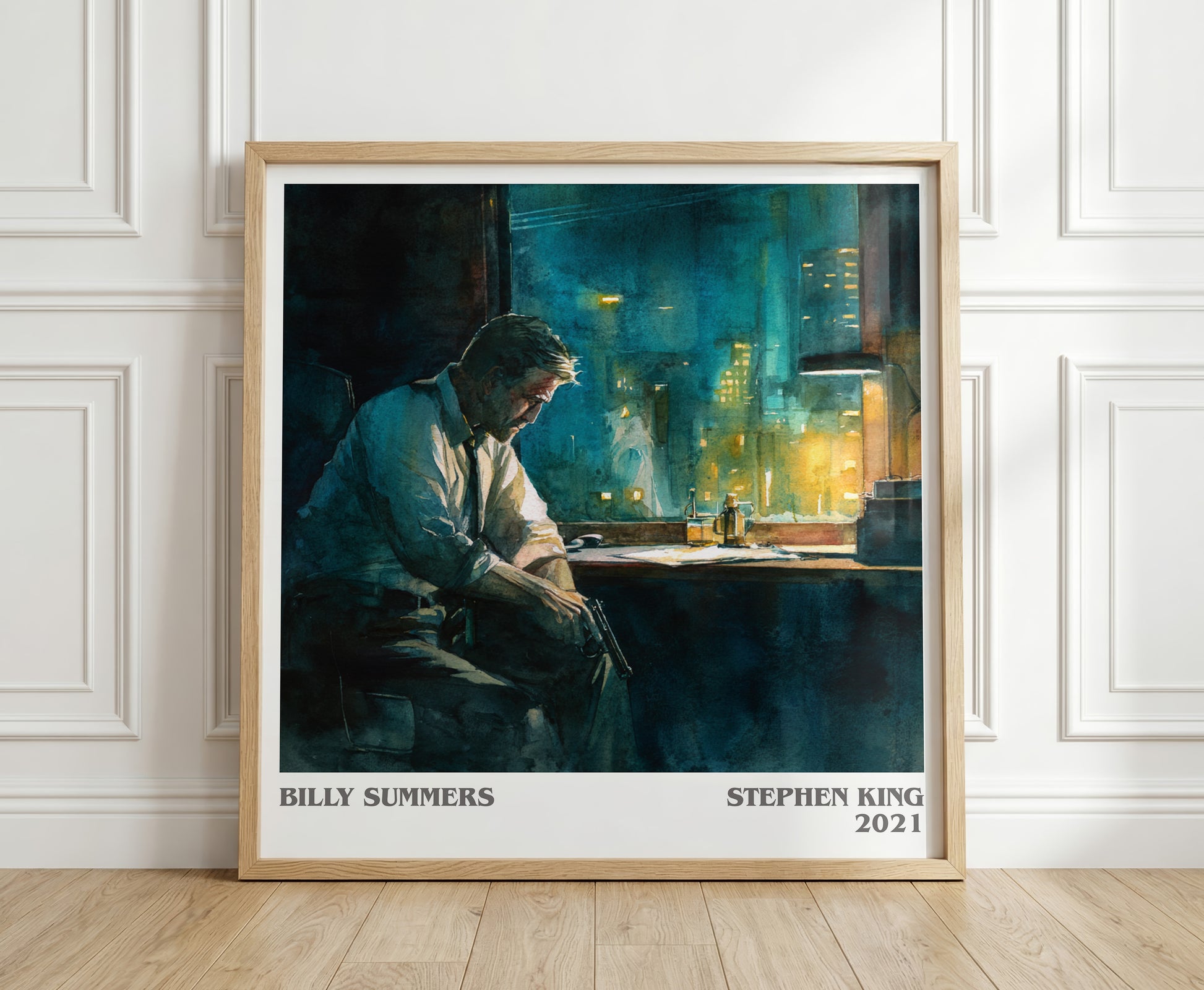Billy Summers literary print in frame leaning in hallway – thriller wall art