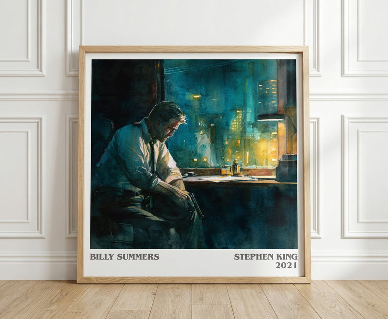 Billy Summers literary print in frame leaning in hallway – thriller wall art