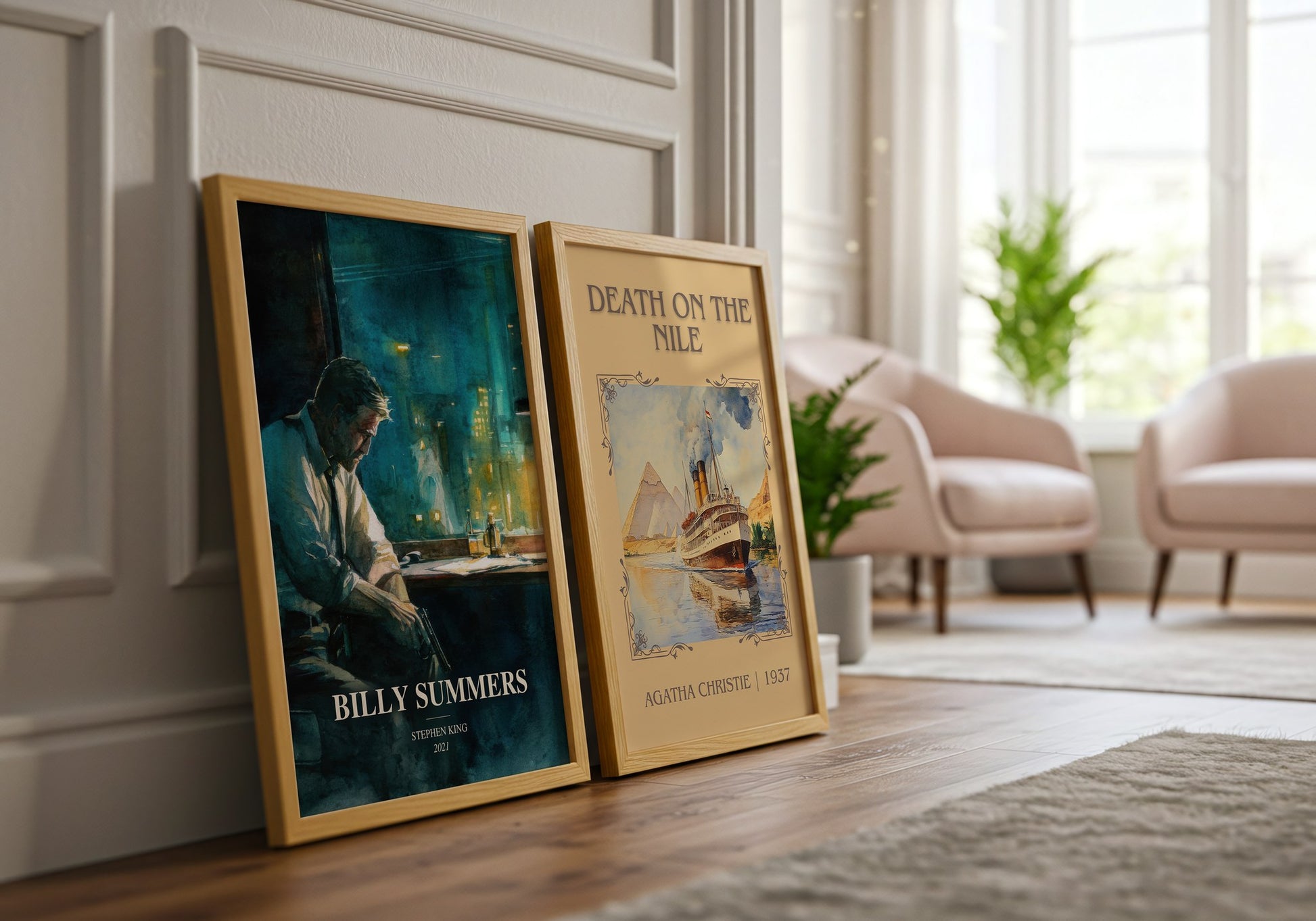 Billy Summers watercolour print framed by window – literary home decor