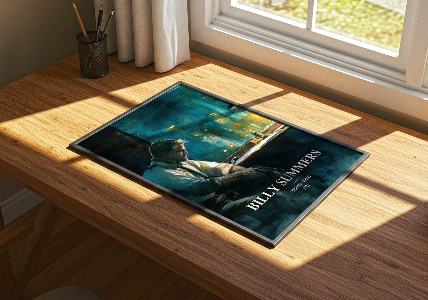 Billy Summers watercolour book poster framed on wall – thriller wall art