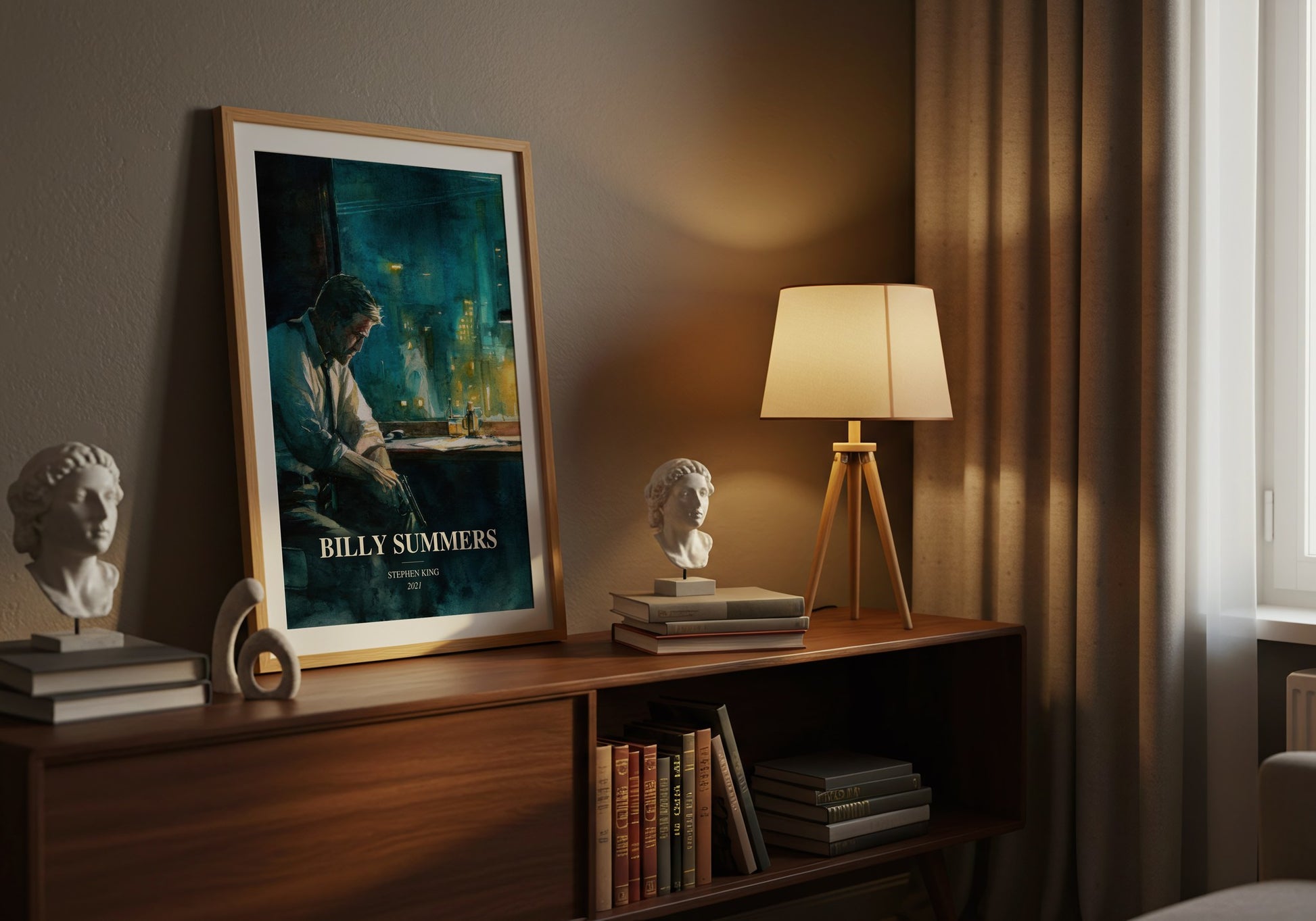 Billy Summers watercolour print on bookshelf – Stephen King fan gift