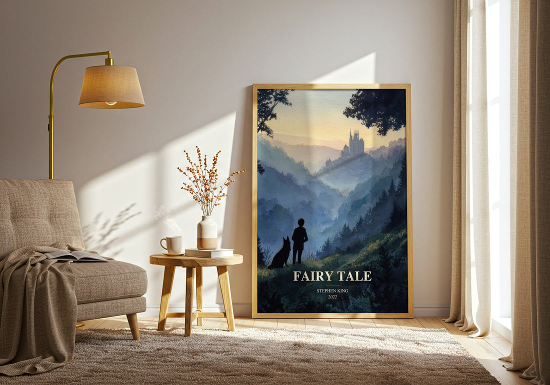 Fairy Tale watercolour print in frame leaning in hallway – fantasy wall art (mockup)