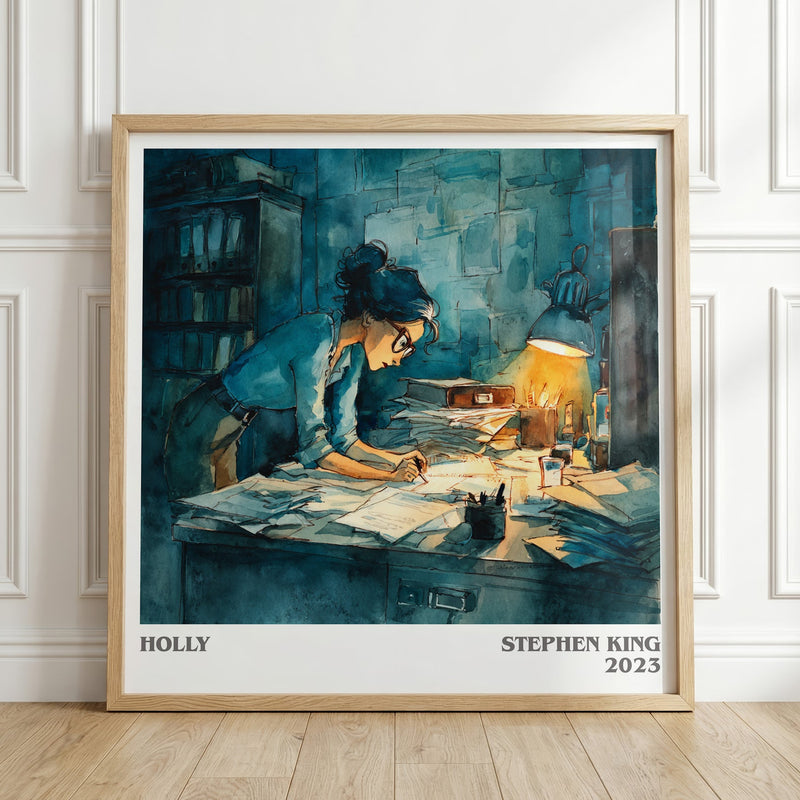 Holly literary print in frame leaning in hallway – thriller wall art