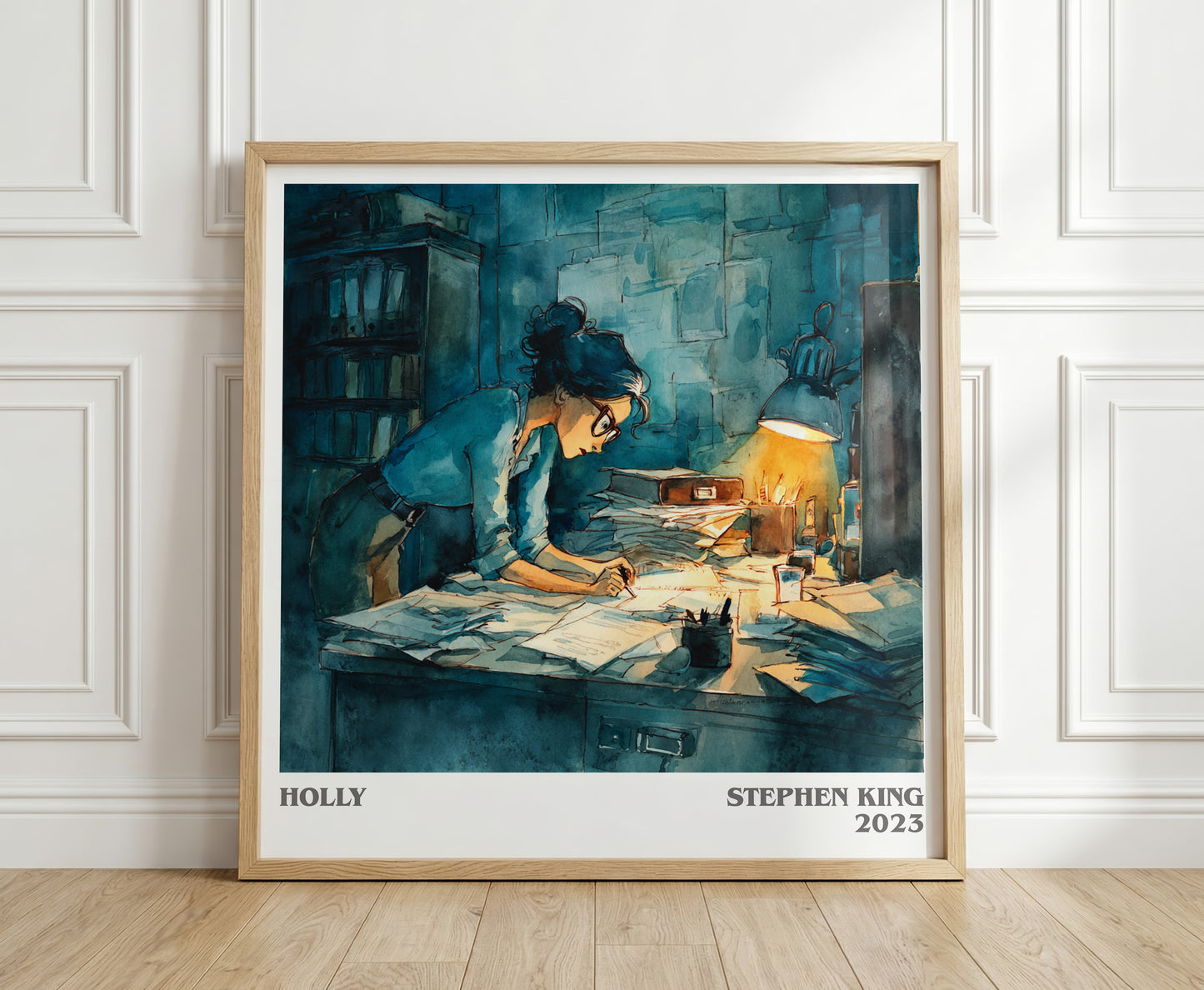 Holly literary print in frame leaning in hallway – thriller wall art