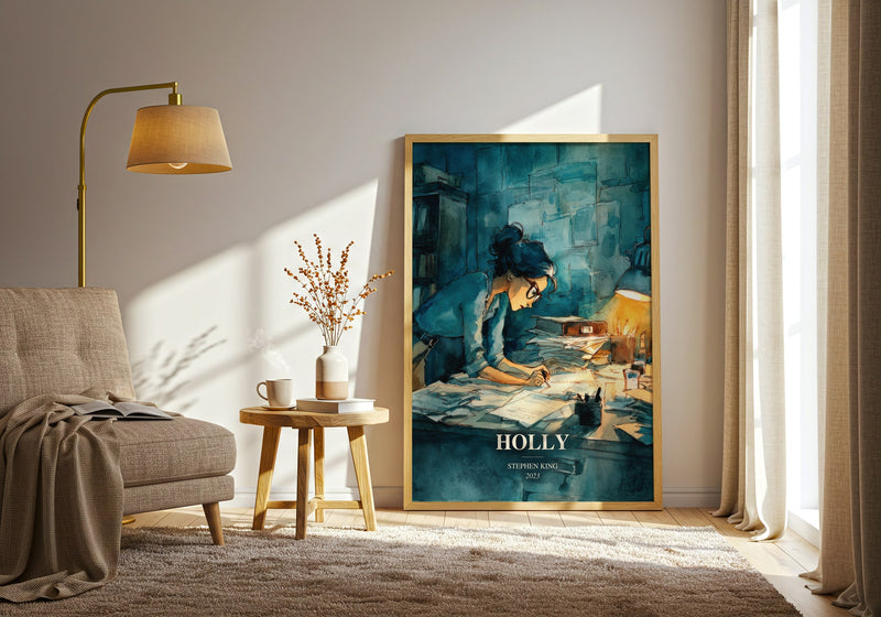Holly watercolour print in frame leaning in hallway – horror wall art