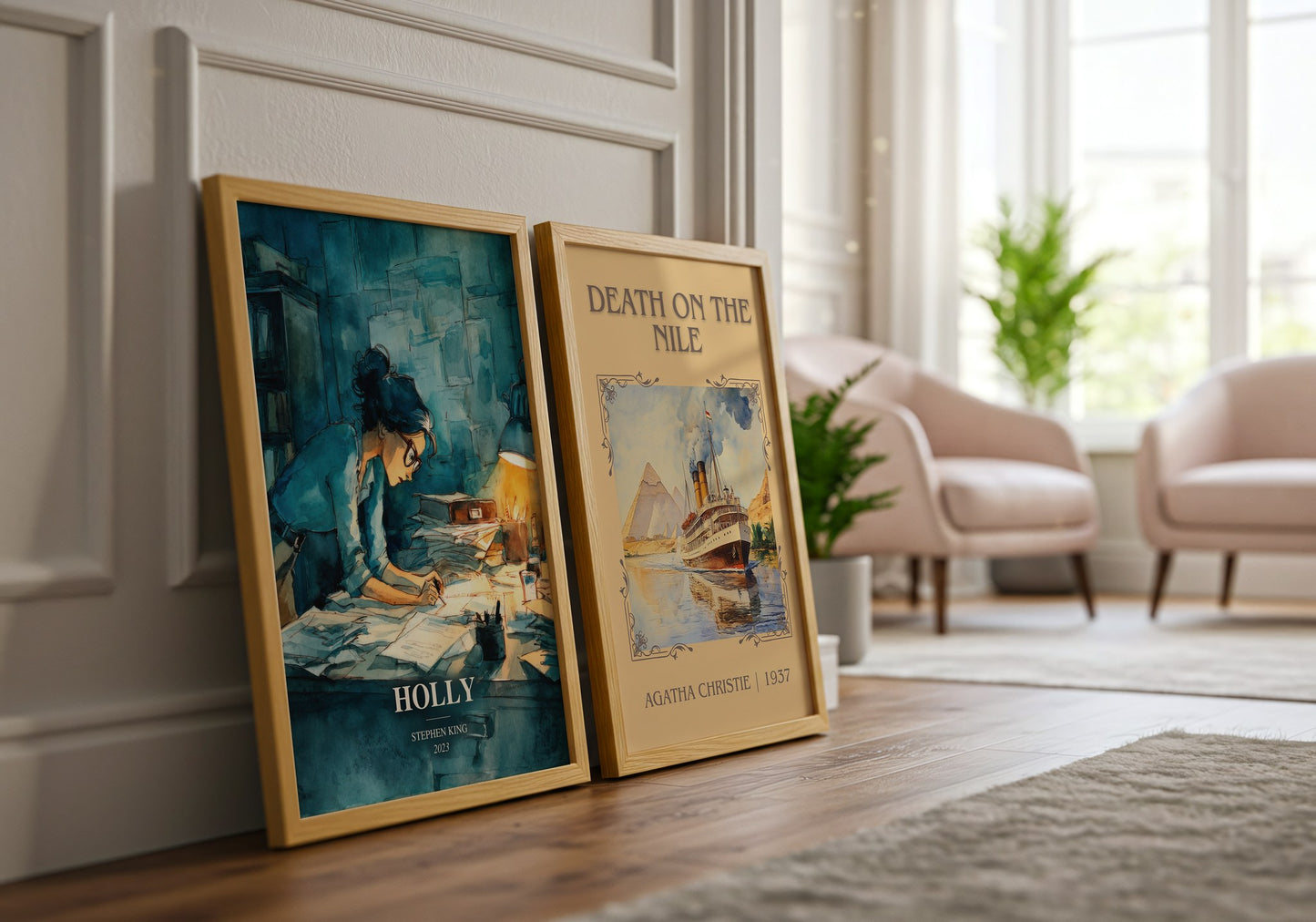 Holly watercolour print framed by window – literary home decor