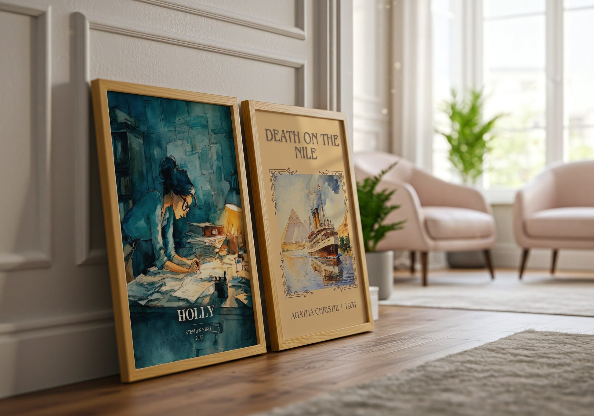 Holly watercolour print framed by window – literary home decor