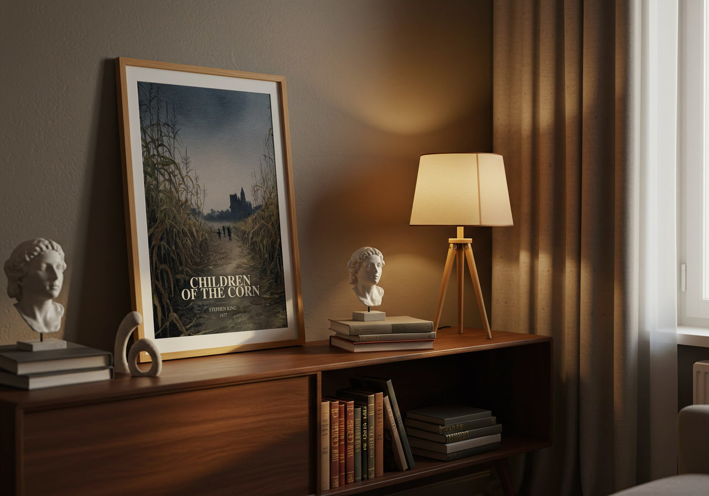 Children Of The Corn watercolour print on bookshelf – Stephen King fan gift