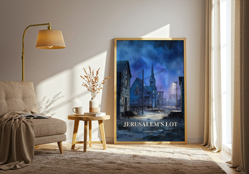 Jerusalem'S Lot watercolour print in frame leaning in hallway – horror wall art