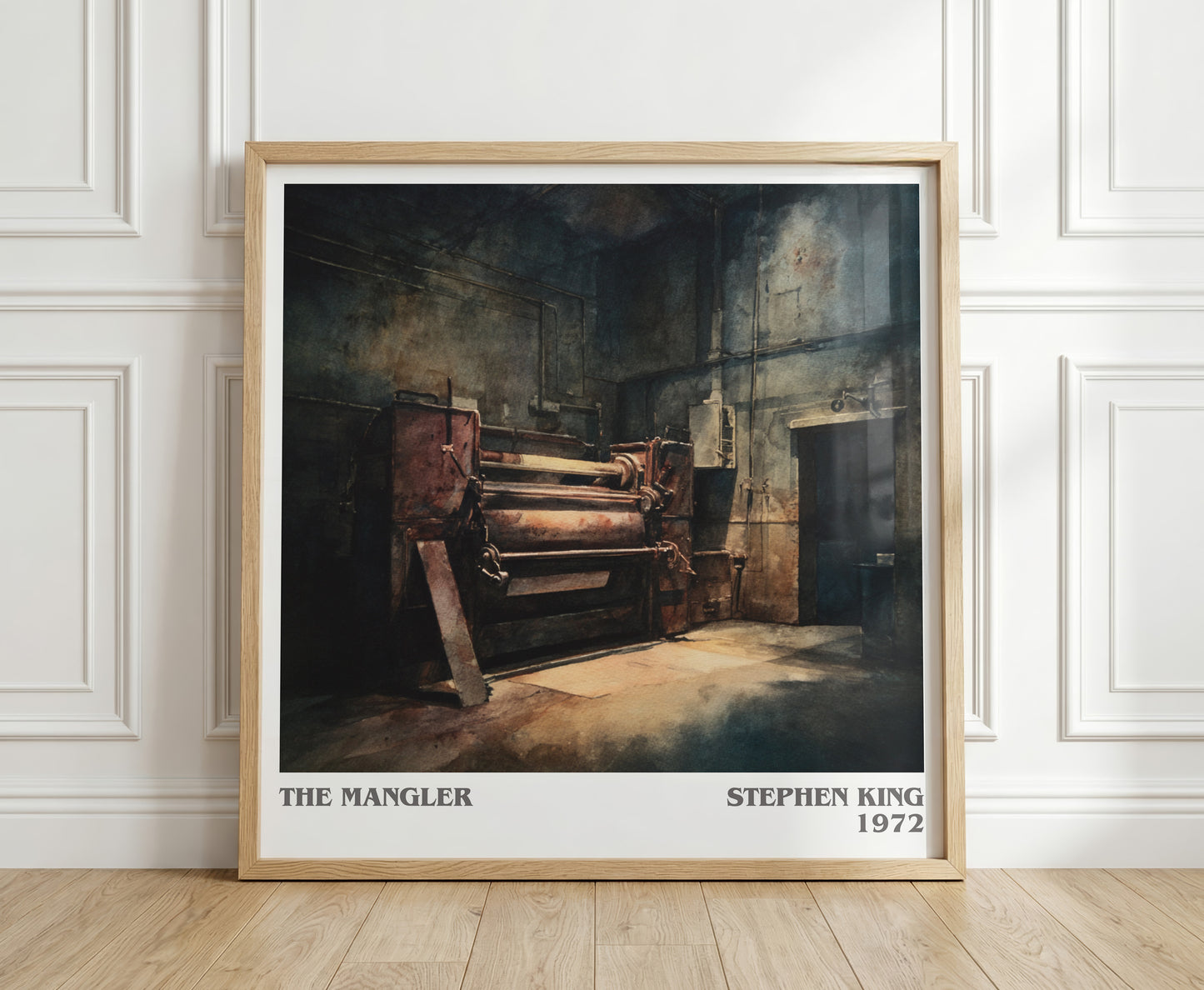 The Mangler literary print in frame leaning in hallway – horror wall art