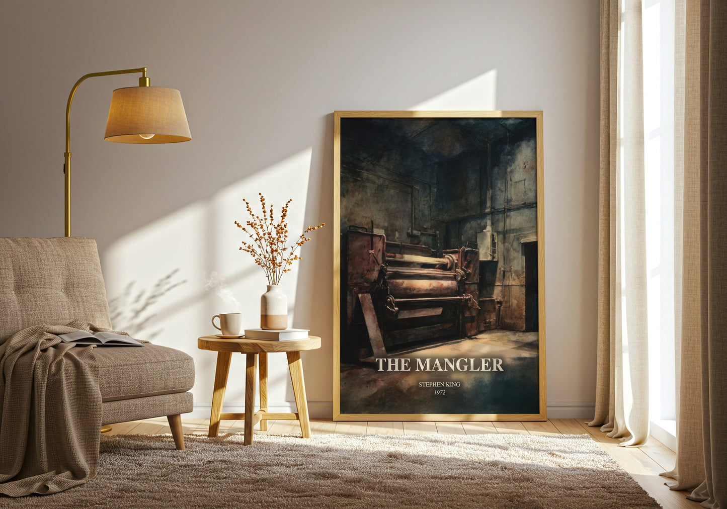 The Mangler watercolour print in frame leaning in hallway – horror wall art