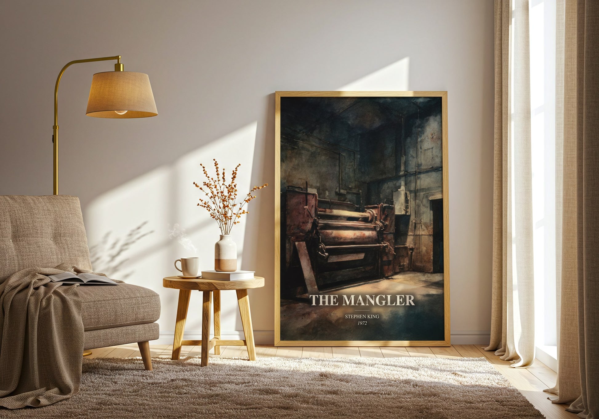The Mangler watercolour print in frame leaning in hallway – horror wall art