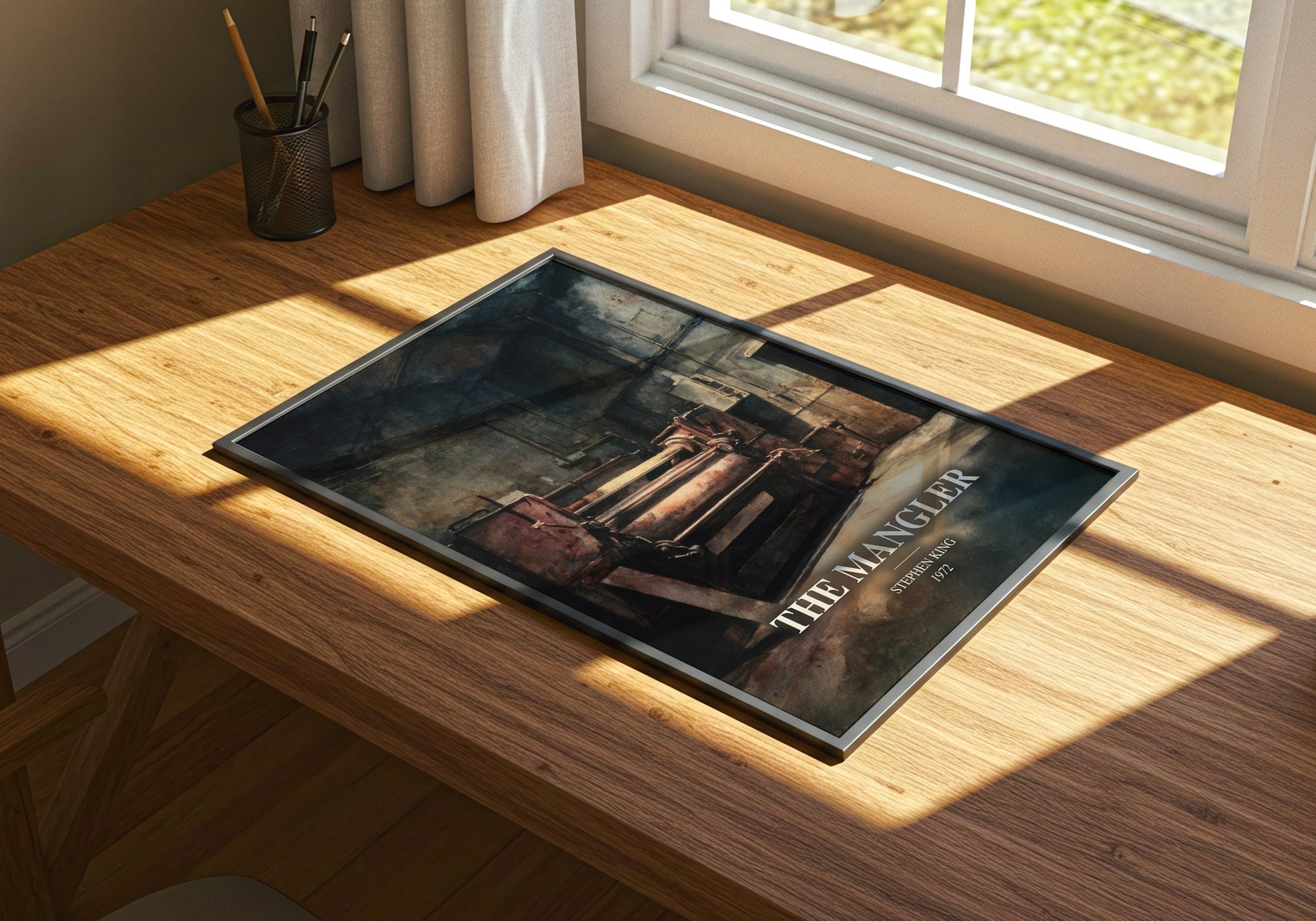 The Mangler watercolour book poster framed on wall – horror wall art