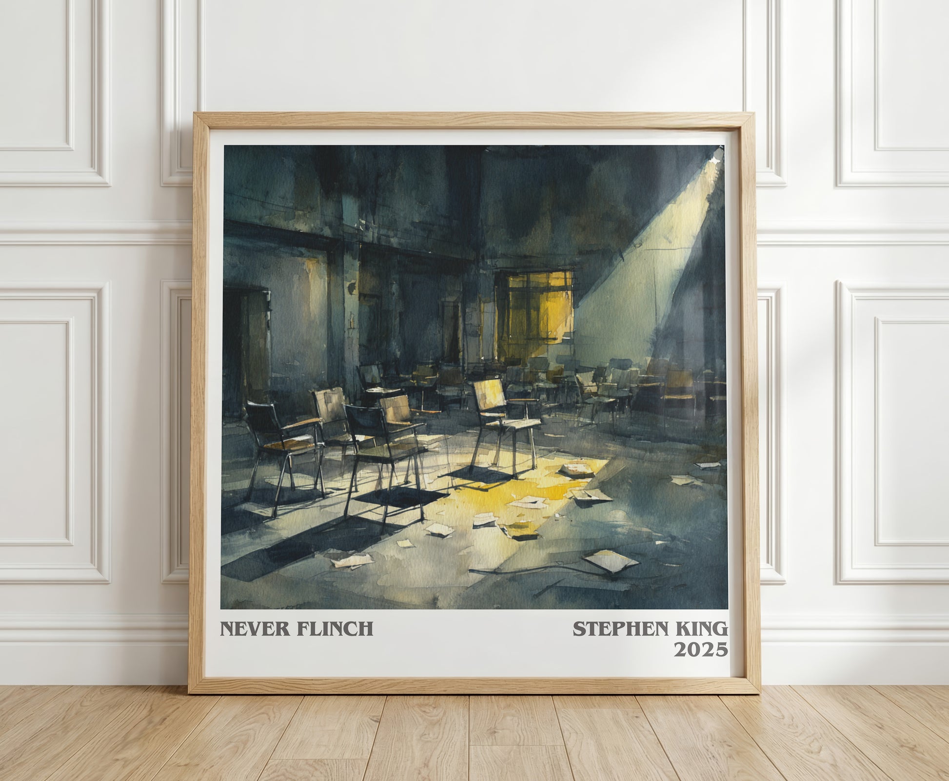Never Flinch literary print in frame leaning in hallway – thriller wall art