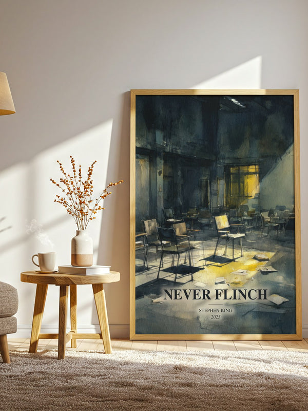 Never Flinch watercolour print in frame leaning in hallway – thriller wall art