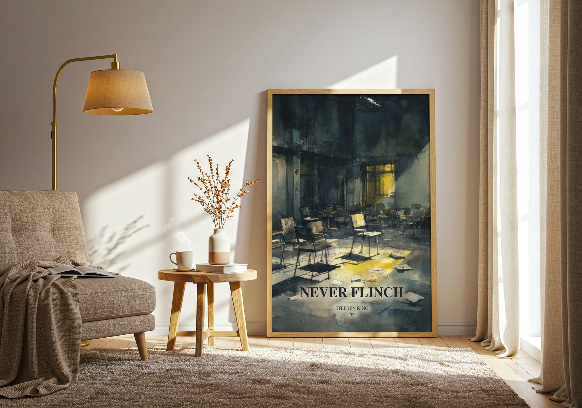 Never Flinch watercolour print in frame leaning in hallway – thriller wall art