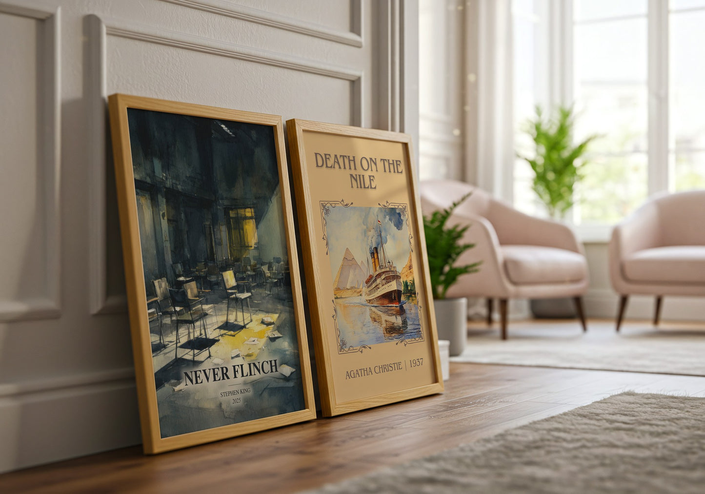 Never Flinch watercolour print framed by window – literary home decor
