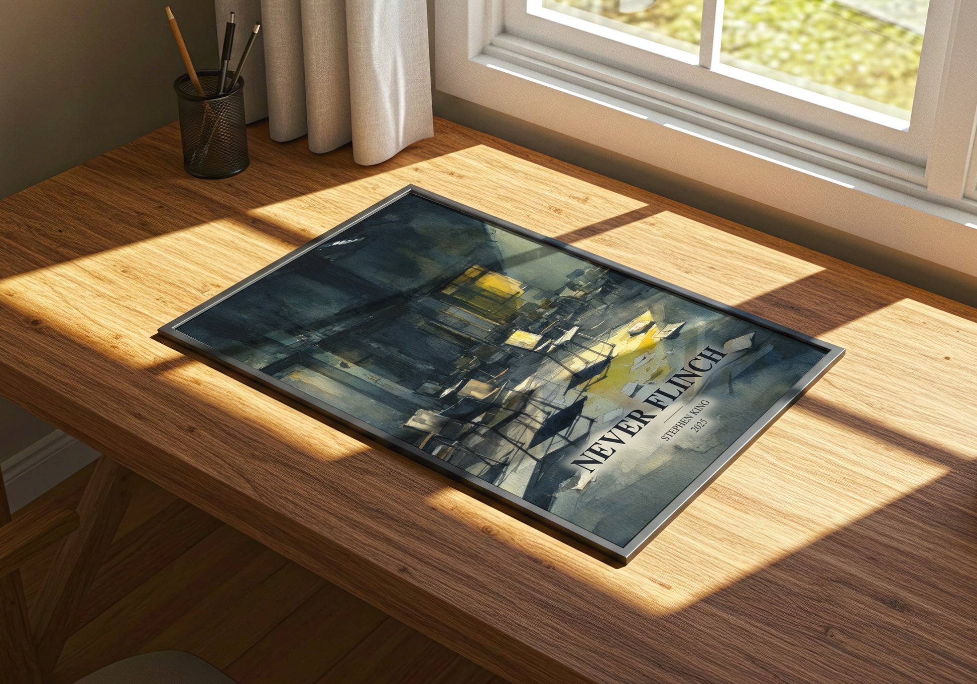 Never Flinch watercolour book poster framed on wall – thriller wall art