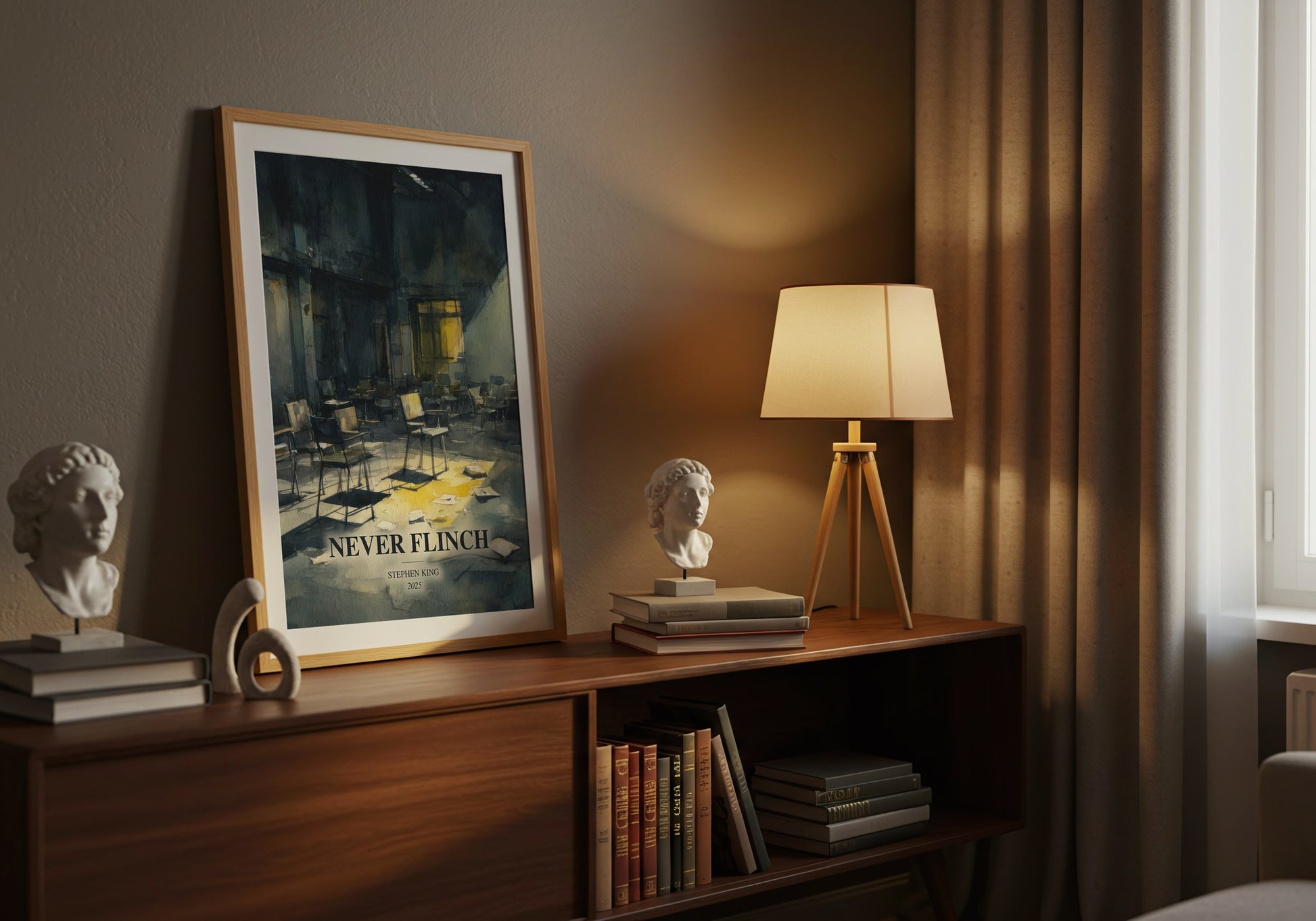 Never Flinch watercolour print on bookshelf – Stephen King fan gift