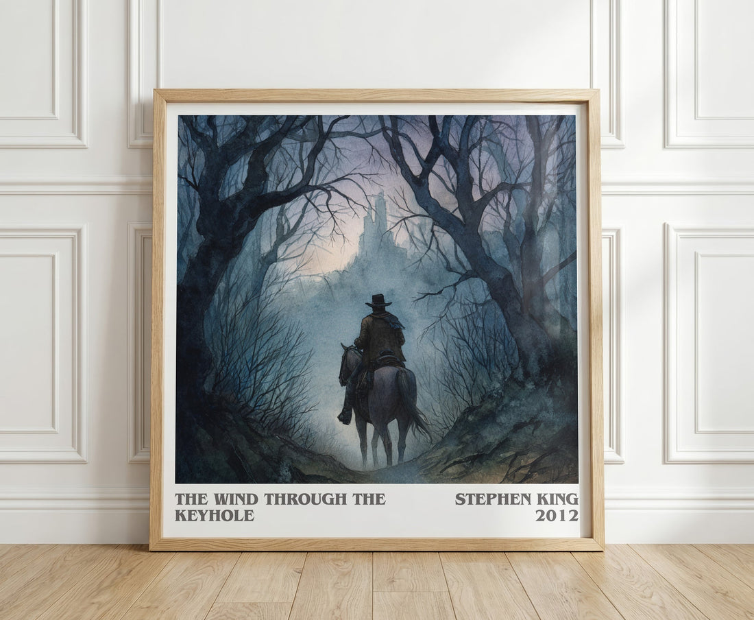 The Wind Through The Keyhole literary print in frame leaning in hallway – fantasy wall art (mockup)