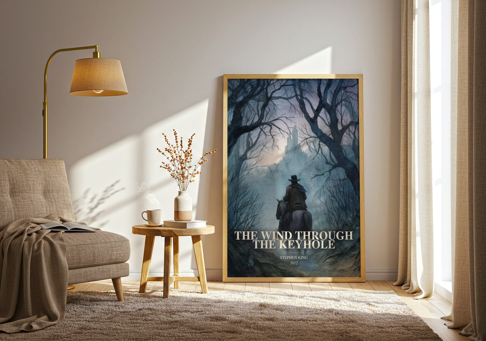 The Wind Through The Keyhole watercolour print in frame leaning in hallway – fantasy wall art