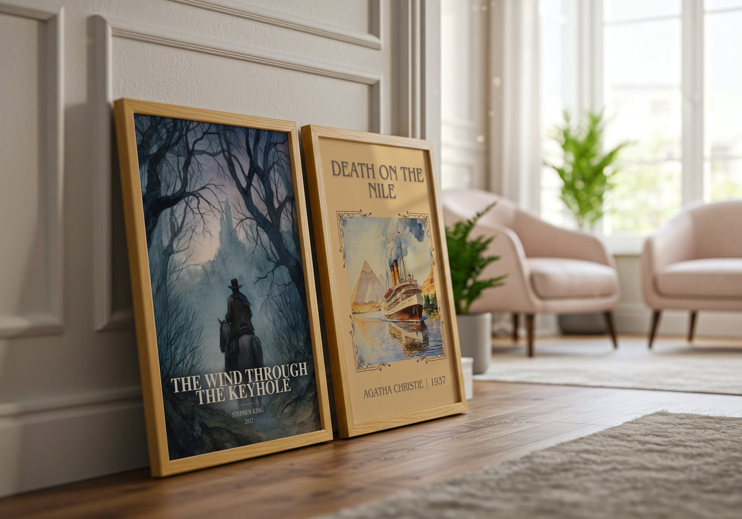 The Wind Through The Keyhole watercolour print framed by window – literary home decor