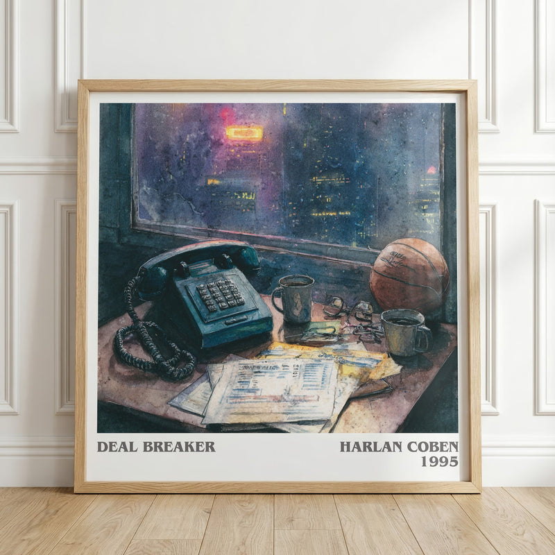 Deal Breaker literary print in frame leaning in hallway – thriller wall art