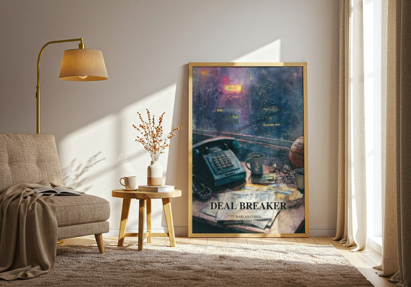 Deal Breaker watercolour print in frame leaning in hallway – thriller wall art