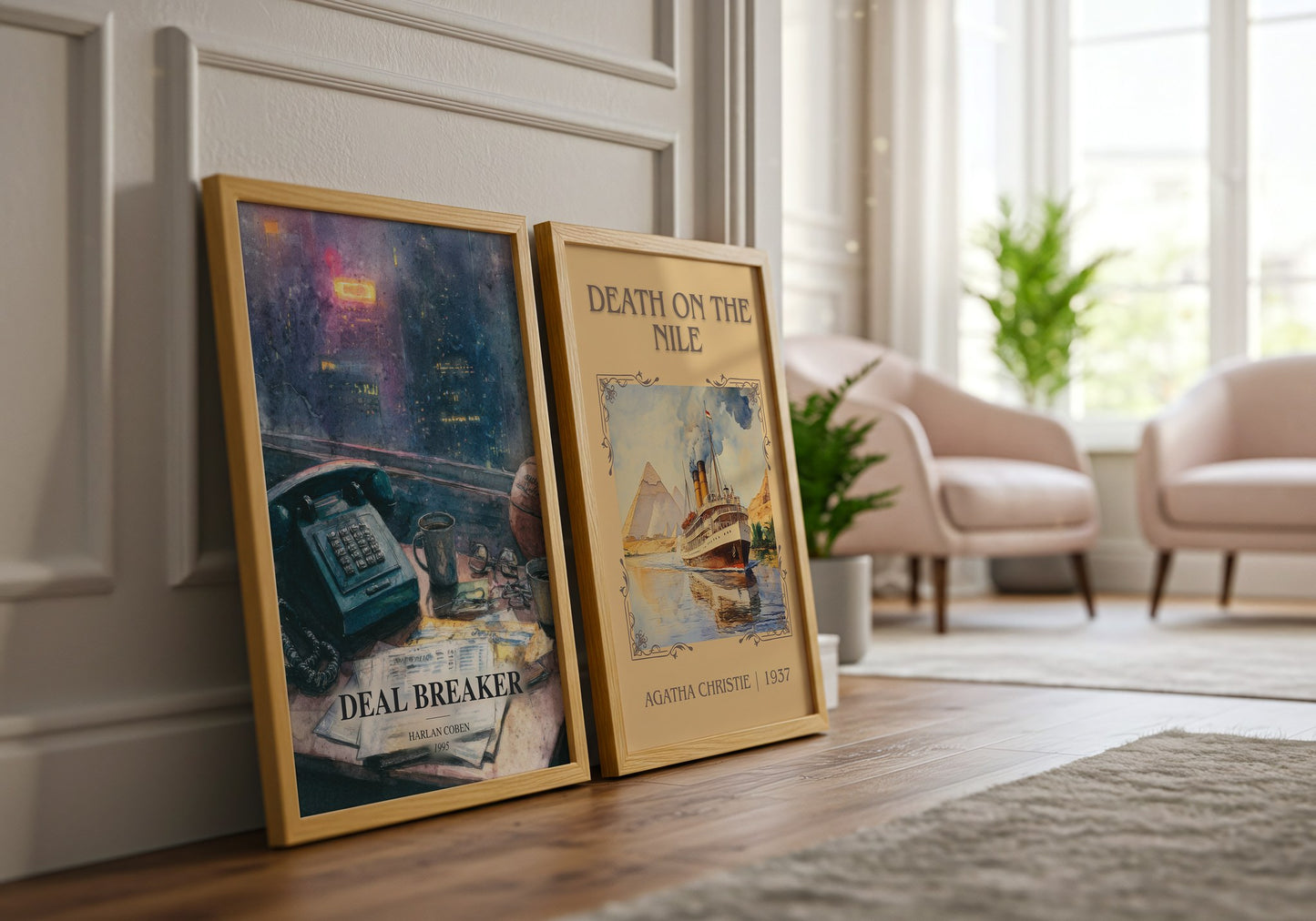 Deal Breaker watercolour print framed by window – literary home decor