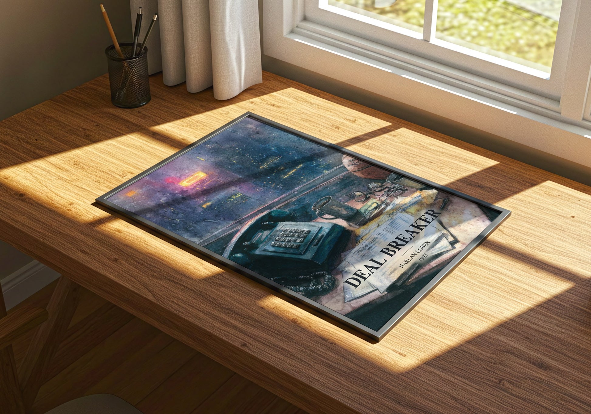 Deal Breaker watercolour book poster framed on wall – thriller wall art
