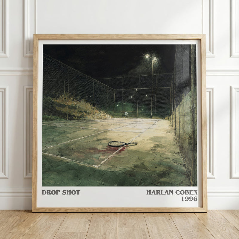 Drop Shot literary print in frame leaning in hallway – mystery wall art