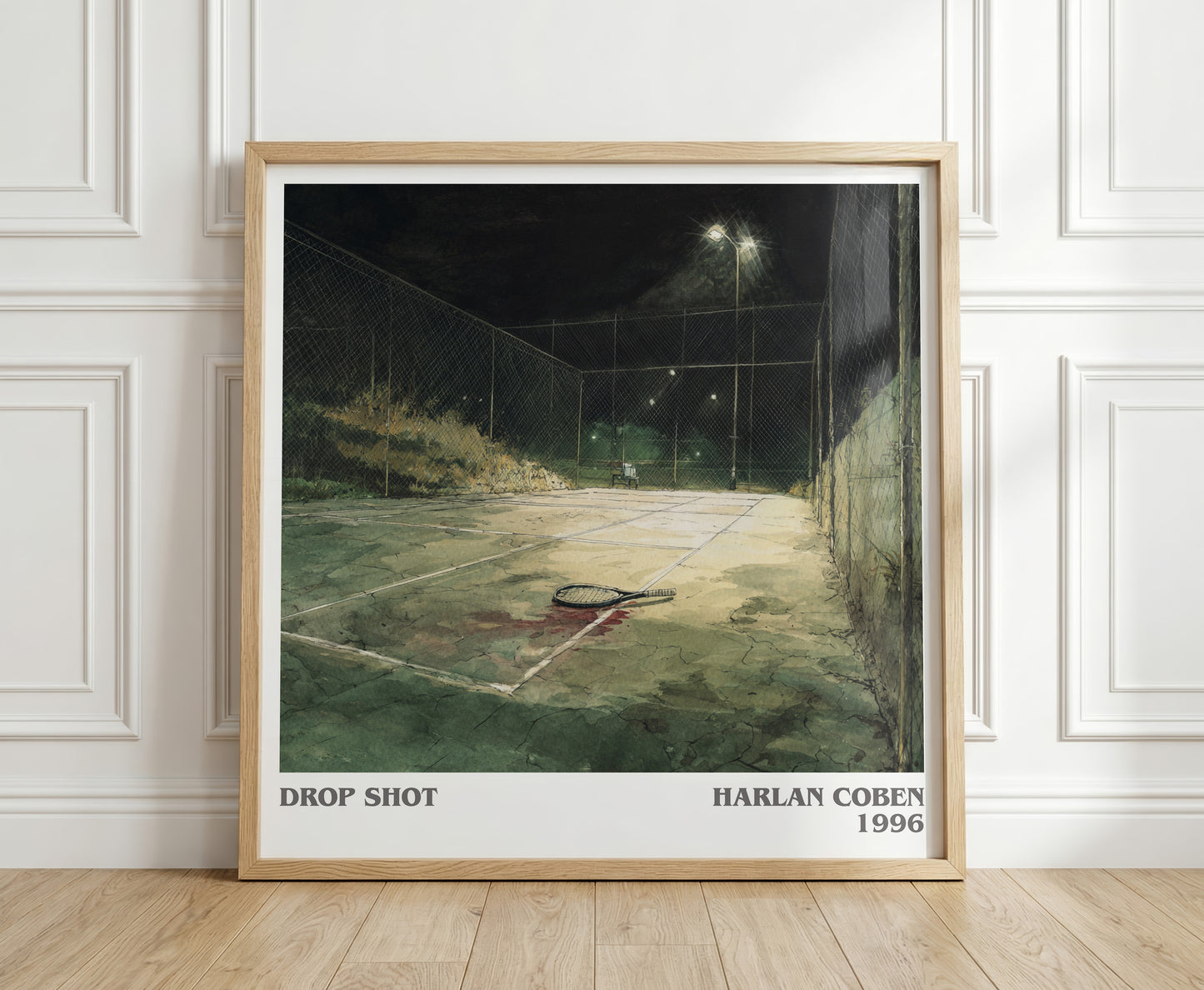 Drop Shot literary print in frame leaning in hallway – mystery wall art