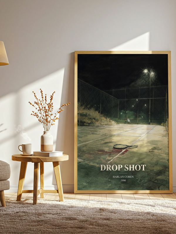 Drop Shot watercolour print in frame leaning in hallway – thriller wall art