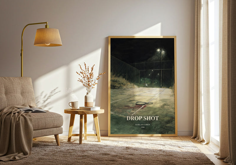 Drop Shot watercolour print in frame leaning in hallway – thriller wall art