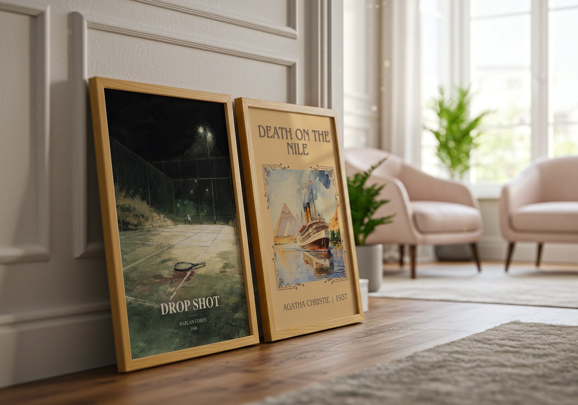 Drop Shot watercolour print framed by window – literary home decor