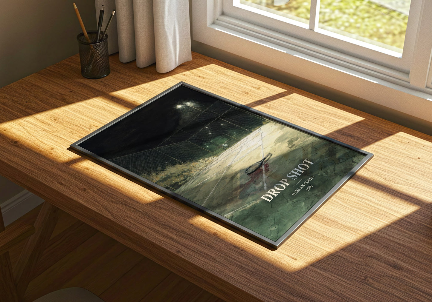 Drop Shot watercolour book poster framed on wall – thriller wall art