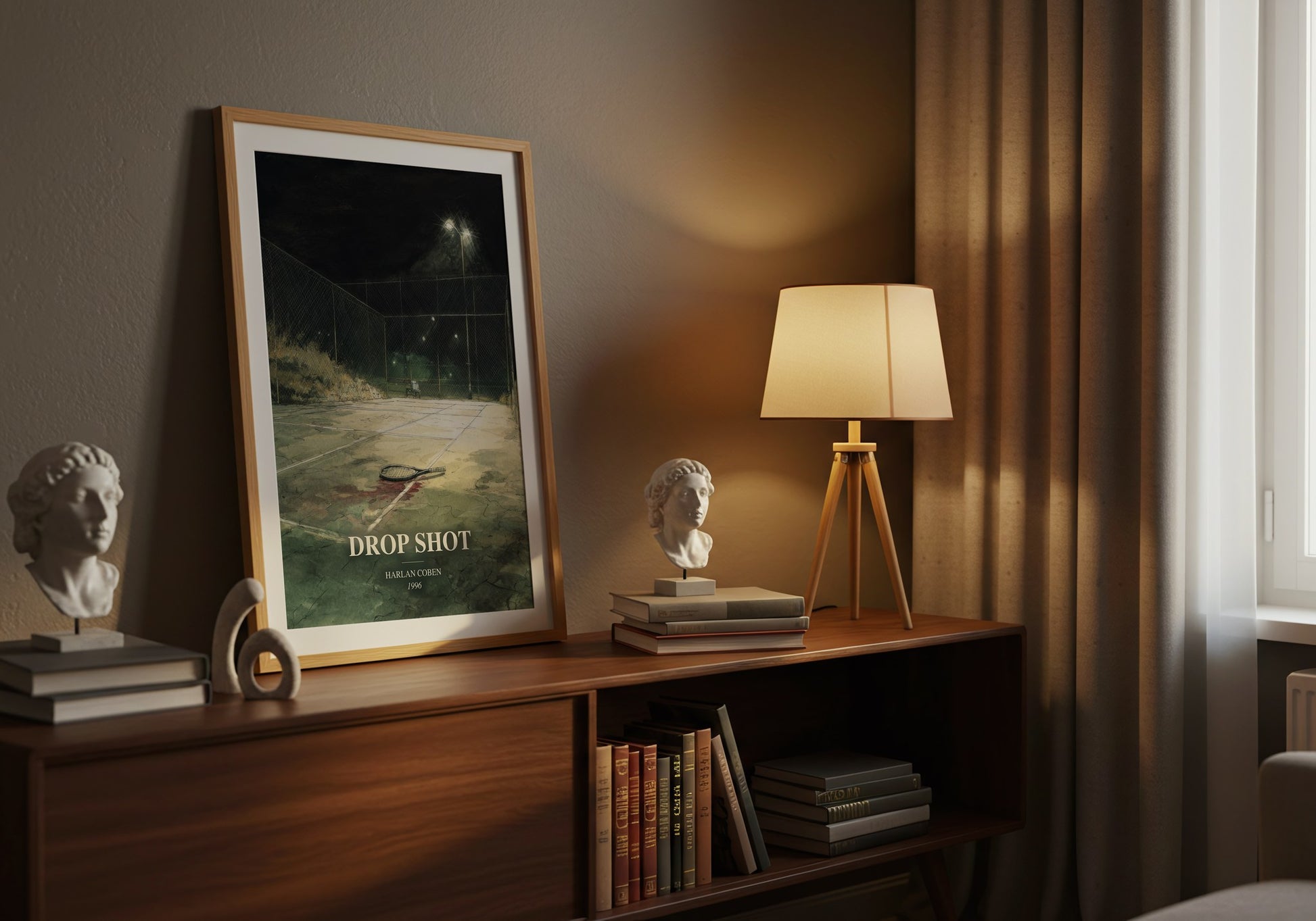 Drop Shot watercolour print on bookshelf – Harlan Coben fan gift