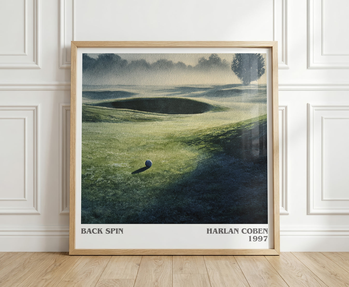 Back Spin literary print in frame leaning in hallway – thriller wall art