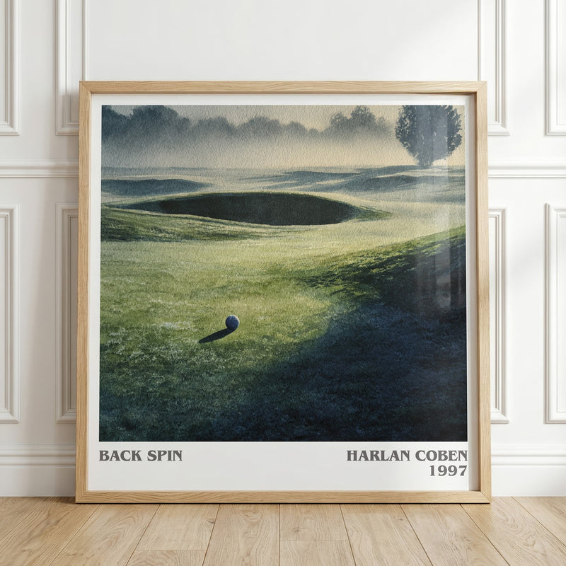 Back Spin literary print in frame leaning in hallway – thriller wall art