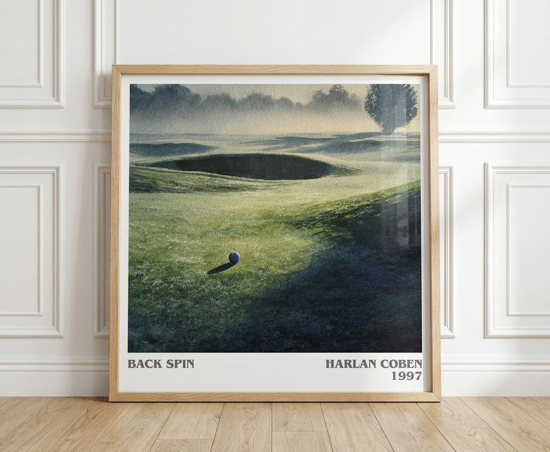Back Spin literary print in frame leaning in hallway – thriller wall art