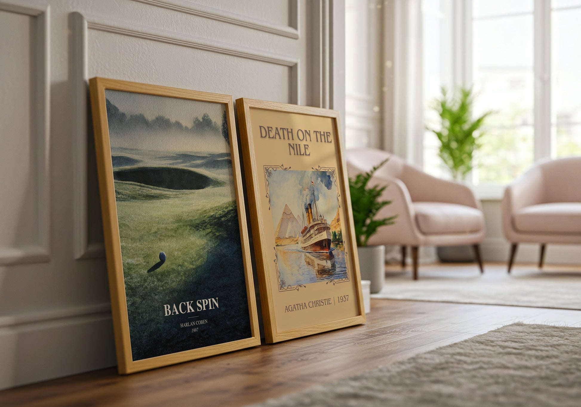 Back Spin watercolour print framed by window – literary home decor