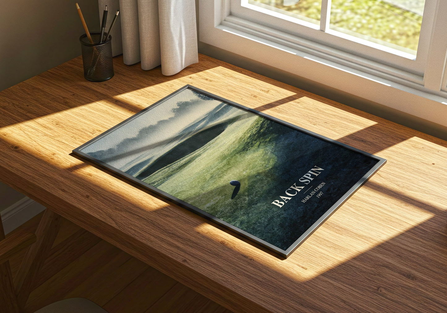 Back Spin watercolour book poster framed on wall – thriller wall art
